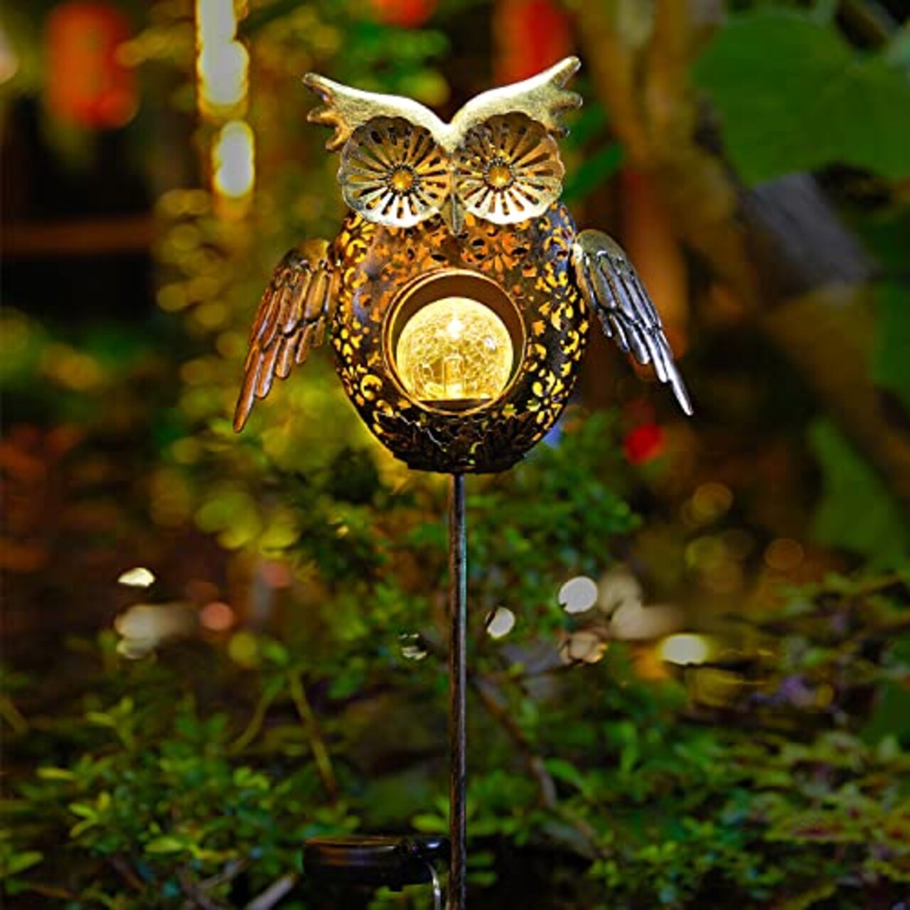 Solar Lights Outdoor Owl Decorative Metal Stakes Lights Crackle Glass Light for Lawn, Yard Art, Pathway, Patio Decor(Bronze)